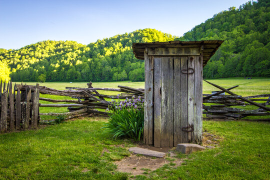 Old wooden outhouse in the Great Smoky Mountains National Park in North Carolina. 