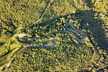 Aerial view of winding road in high mountain pass trough dense green pine woods.