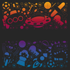 Vector pattern with toys for kids. Car, ufo, alien, airplane, teddy bear.