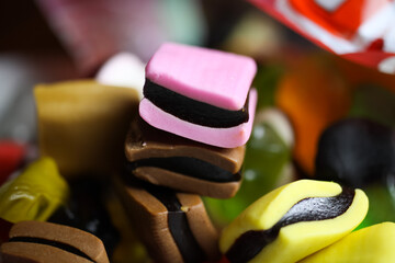 Macro close up of colorful isolated pile jelly liquorice sweets