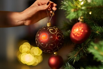 Woman decorating Christmas tree at home.