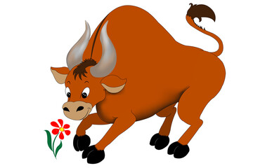 Funny red bull with a flower