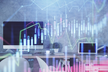 Multi exposure of financial graph drawing and office interior background. Concept of market analysis.