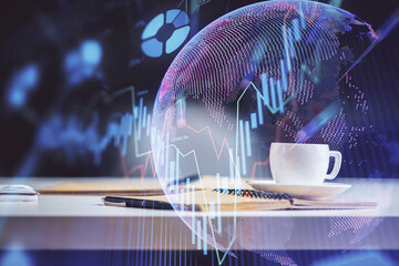 Multi exposure of forex graph drawing and desktop with coffee and items on table background. Concept of financial market trading