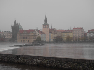 Naklejka premium Prague Old Town on a foggy autumn morning