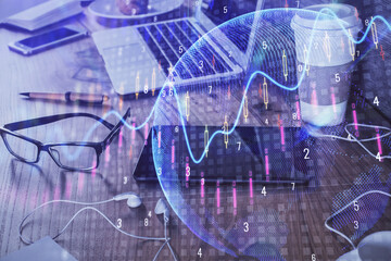 Double exposure of forex chart drawing and cell phone background. Concept of financial trading