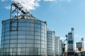 Obraz premium silver silos on agro manufacturing plant for processing drying cleaning and storage of agricultural products, flour, cereals and grain. Large iron barrels of grain. Granary elevator