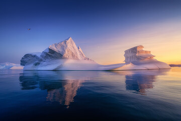 floating glaciers in the rays of the setting sun at polar night with birds