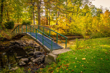 Autumn Fall Color Landscape. Small footbridge over a creek surrounded by vibrant fall foliage at a small county park in Jackson County, Michigan. - obrazy, fototapety, plakaty