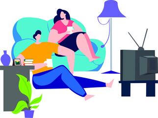 flat design watching television while sitting on chairs and drinking coffee