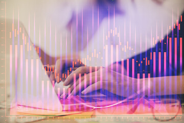 Multi exposure of woman hands typing on computer and financial graph hologram drawing. Stock market analysis concept.