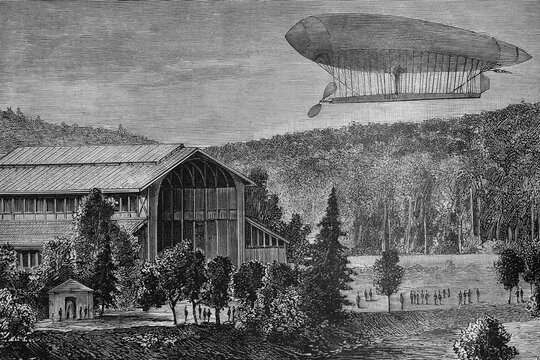Electric airship balloon by Renard and Krebs, French inventors, tested over Meudon, France on August 9th, 1884. Antique illustration. 1884.