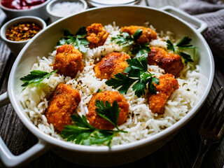 Chicken nuggets with rice and vegetables on wooden table
