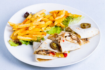 Delicious chicken quesadilla with french fries in a white plate.