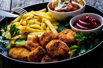 Fried breadcrumb chicken nuggets with French fries and vegetables
