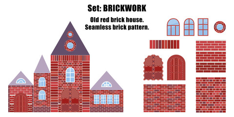 Seamless patterns. Set: Brickwork. Items and construction details made of bricks. Can be used for social media, posters, email, print, ads designs.