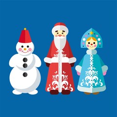 The snow maiden, Santa Claus and the snowman, Russian character. Winter character. Hand drawn Christmas illustration.
