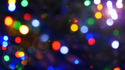Blurred fairy lights. Out of focus holiday background christmas tree.
