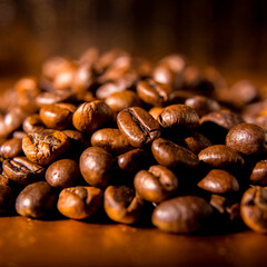 Roasted coffee beans on a silver background, close-up, space for text, Wallpaper, postcard, texture, background