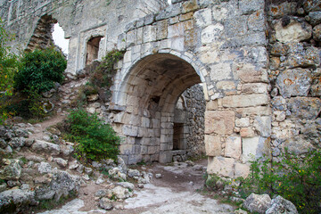 Russia.  Bakhchisaray, Crimea. Residential caves inside ancient city Chufut Kale,These artificial 'buildings' used by ancients for living, food storage, animal sheds