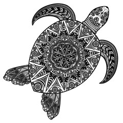 Vector zentangle turtle in black and white. Perfect for anti-stress coloring