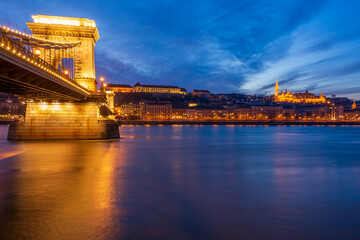Fototapeta premium Budapest Hungary and the Dabune River in blue hour