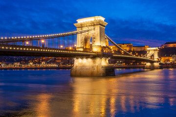 Fototapeta premium Budapest Hungary and the Dabune River in blue hour