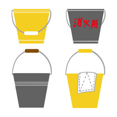 Yellow plastic bucket and tin bucket.(The word on the upper right means 