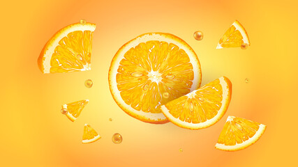 Slices of fresh orange with drops of juice in flight.