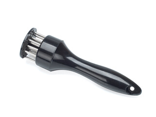 A hand-powered meat tenderizer for puncture the meat and cut into the fibers of the muscle on a white background