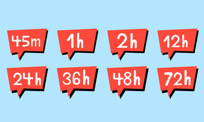 Delivery times icon, 45m, 1h, 2h, 12h, 24h, 36h, 48h and 72h. Symbol for websites, web design, mobile app. Flat illustration