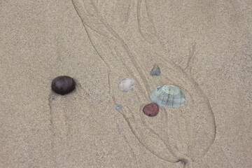 Fototapeta na wymiar Cantos rodados en arena de playa.