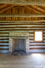 Historic log cabin fireplace