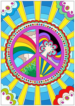 Peace Symbol Hippie Art Style Psychedelic Poster, Colorful Mosaic Illustration 