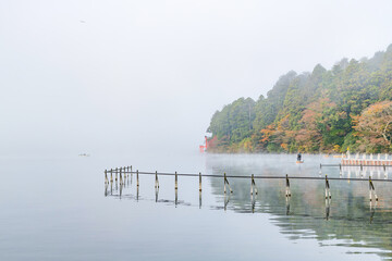 早朝の朝霧に包まれた芦ノ湖と箱根神社の鳥居