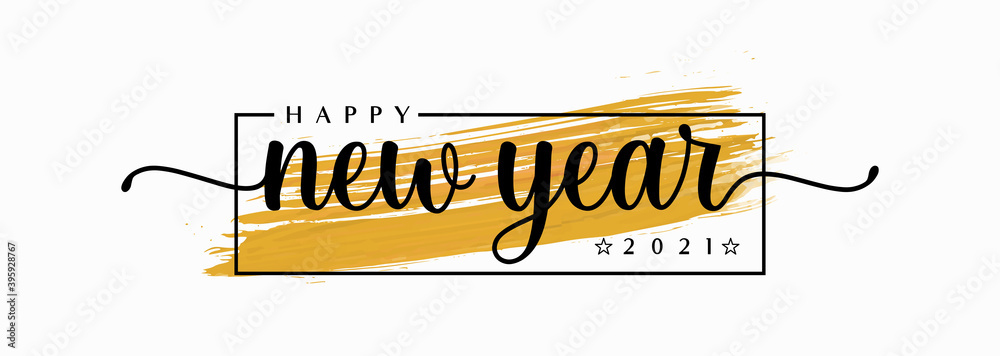 Poster happy new year 2021 lettering calligraphy with black text color, isolated on white background. vecto