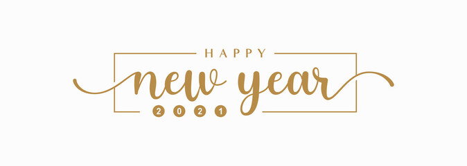 Happy New Year 2021 Lettering Calligraphy with Gold Text Color, isolated on White Background. Vector Graphic Illustration for Greeting Cards, Web, Presentation.