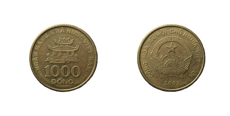 1000 Dong coin from Vietnam of the year 2003 obverse and reverse with the "Bat De Pagoda" in Hanoi city