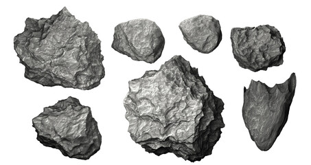 Set of asteroids. Space objects. Stone meteorites. Isolated on a white background. 3d illustration.