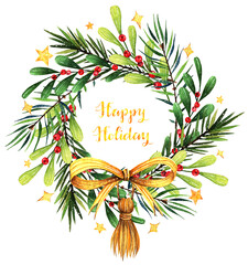 Watercolor illustration, Happy holidays, wreath, gold bow, tassel, fir branches, mistletoe, handmade, postcard for you