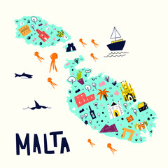 Map of Malta. Illustrated map of Malta in cartoon doodle map. Handdrawn map of Malta. Vector illustration in handdrawn colorful style eps 10. Vector design.  - obrazy, fototapety, plakaty