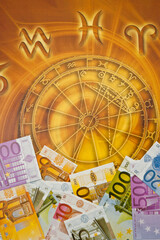 Fototapeta na wymiar horoscope with zodiac signs and money Euro like astrology and money and astrology and wealth concept