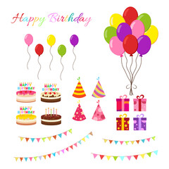 Happy birthday party birthday cake box Celebration Party Hat Gifts Multicolor balloons birthday candles set isolated flat vector graphic design illustration And icon elements