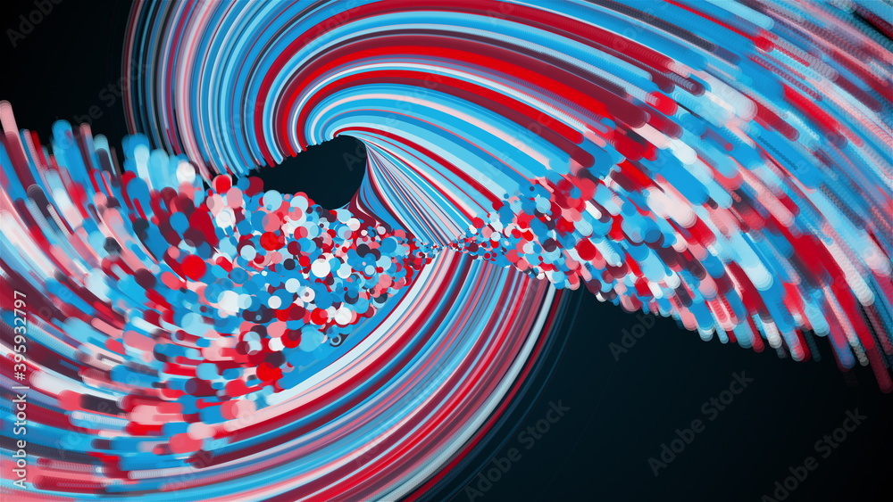 Poster twisted abstract element from multicolored lines and particles, computer generated. 3d rendering vor