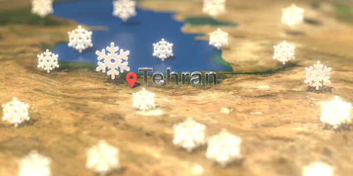 Snowy weather icons near Tehran city on the map, weather forecast related 3D rendering