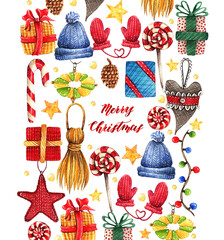 Watercolor illustration, Merry Christmas, gifts,hat, mittens, toys on the Christmas tree, candy, garlands, handwork. postcard for you