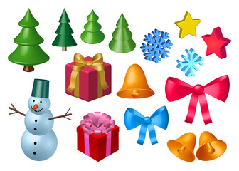 3D rendering Christmas decoration set. Collection of New year design elements as bells, ribbons, snow flakes, gifts, Christmas trees, snowman. 3D illustration isolated on white background.
