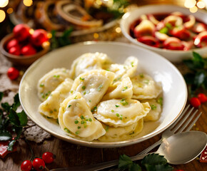Close up view of Christmas dumplings with vegetarian stuffing on a white plate. Traditional Christmas eve dish