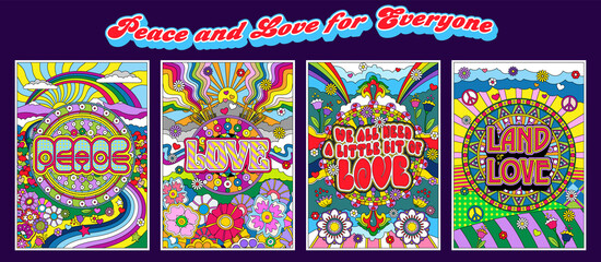 Love and Peace Hippie Style Posters, Psychedelic Color Mosaic Illustrations