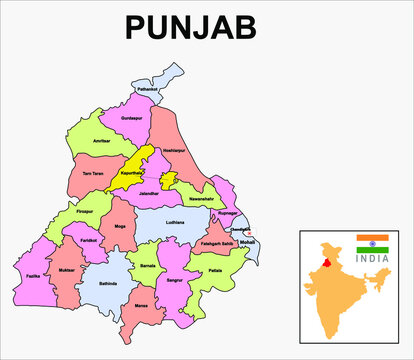 Punjab map. International and State boundary and district boundary of Punjab. Vector illustration of districts map.